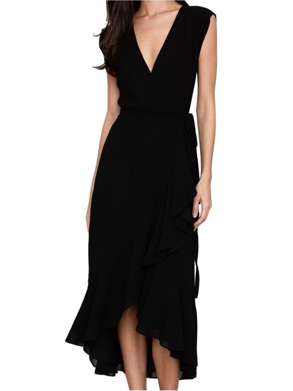 Yumi Kim Black V-Neck High-Low Ruffle Wrap Dress